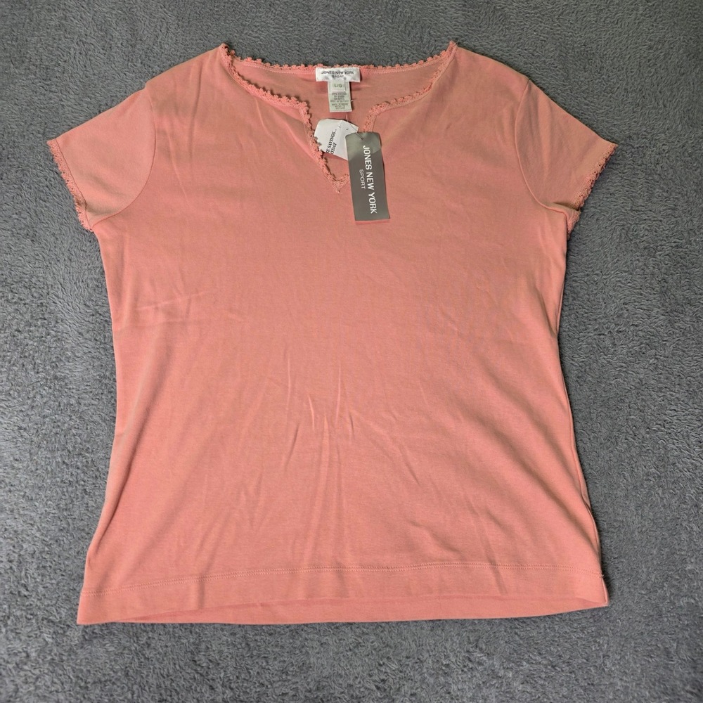 Jones New York Womens L T-Shirt Peach Lace Trim Notch Neck Cotton V25T7227